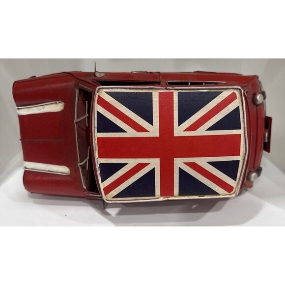 Vtg Classic Red Mini Cooper Retro Tin Model Car w British Flag Roof 11” X 5” - Picture 6 of 7